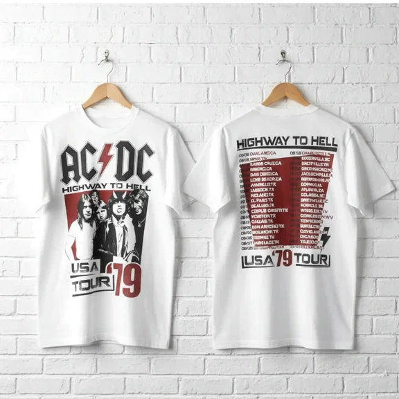 Collections Etc Unisex AC/DC 1979 Highway To Hell Tour T-Shirt, Short Sleeves White Medium
