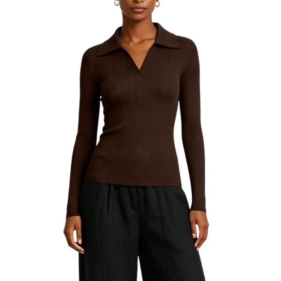 AcaicsNo Boundaries Women's Long Sleeve Knit Top, Slim Fit Ribbed V Neck Polo Collar Solid Casual Sweater