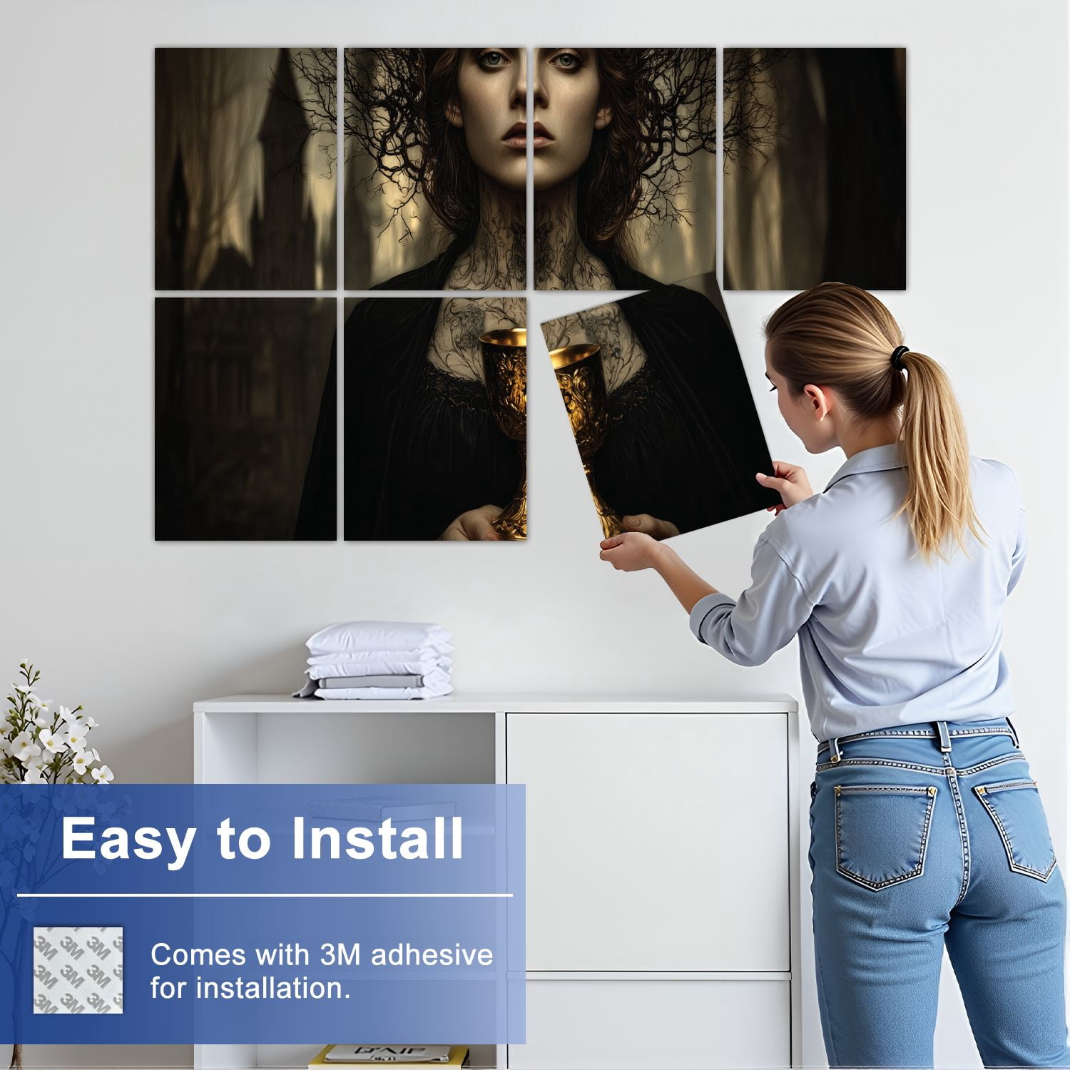 Gothic 8 Pack Art Acoustic Panels Sound Absorbing Gothic Dark Woman Ornate Golden Chalice Forest Castle Decorative Soundproof Wall Panels Self Adhesive for Nursery Game Room Bedroom 48"x32"