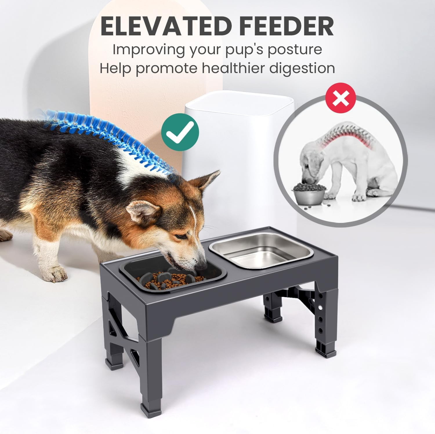 Elevated Dog Bowls, with Slow Feeder Bowl and Stainless Steel Dog Food Bowl