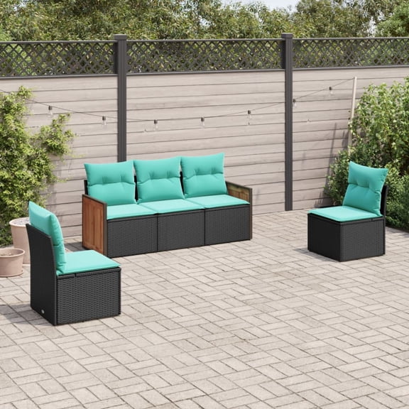 vidaXL 5 Piece Patio Sofa Set with Cushions Black Poly Rattan