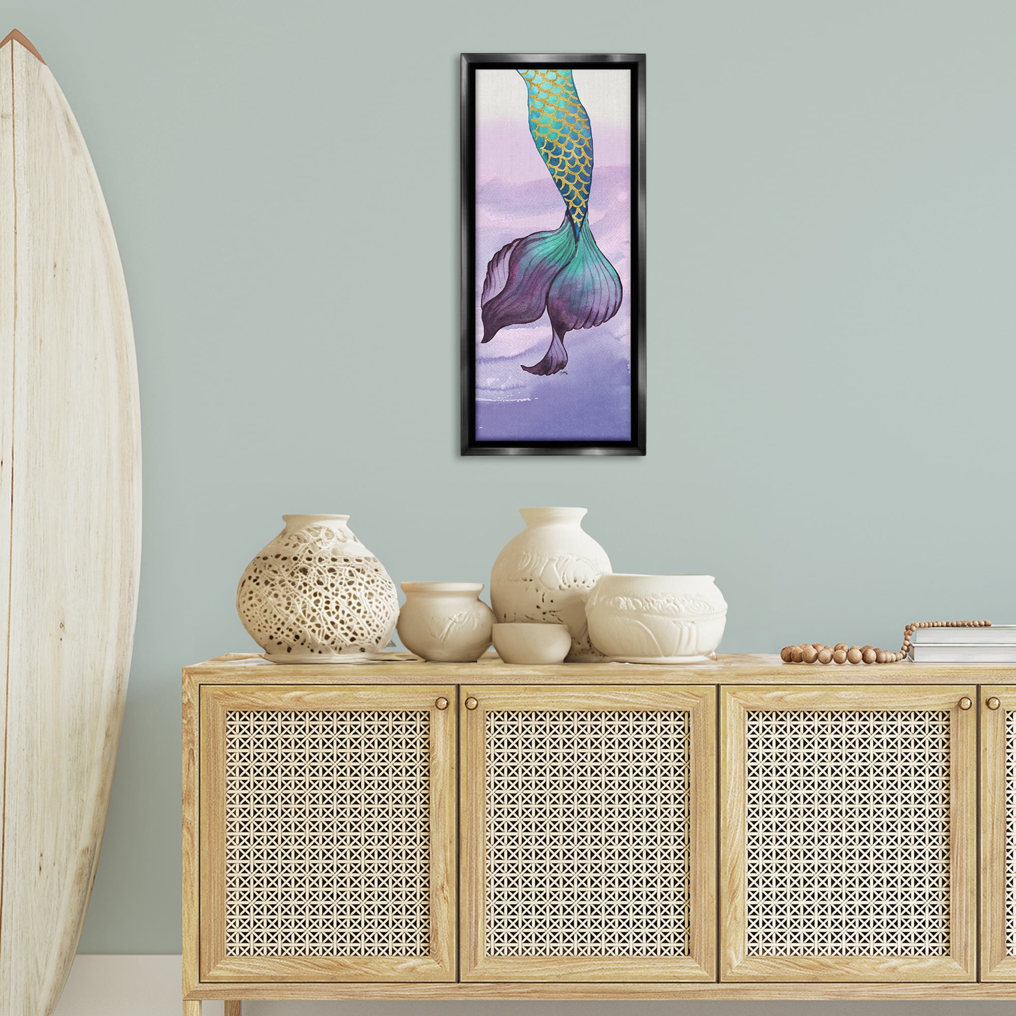 Stupell Industries Glam Accent Mermaid Tail Fairy Tales & Fantasy Painting Black Floater Framed Art Print Wall Art, 15 x 31