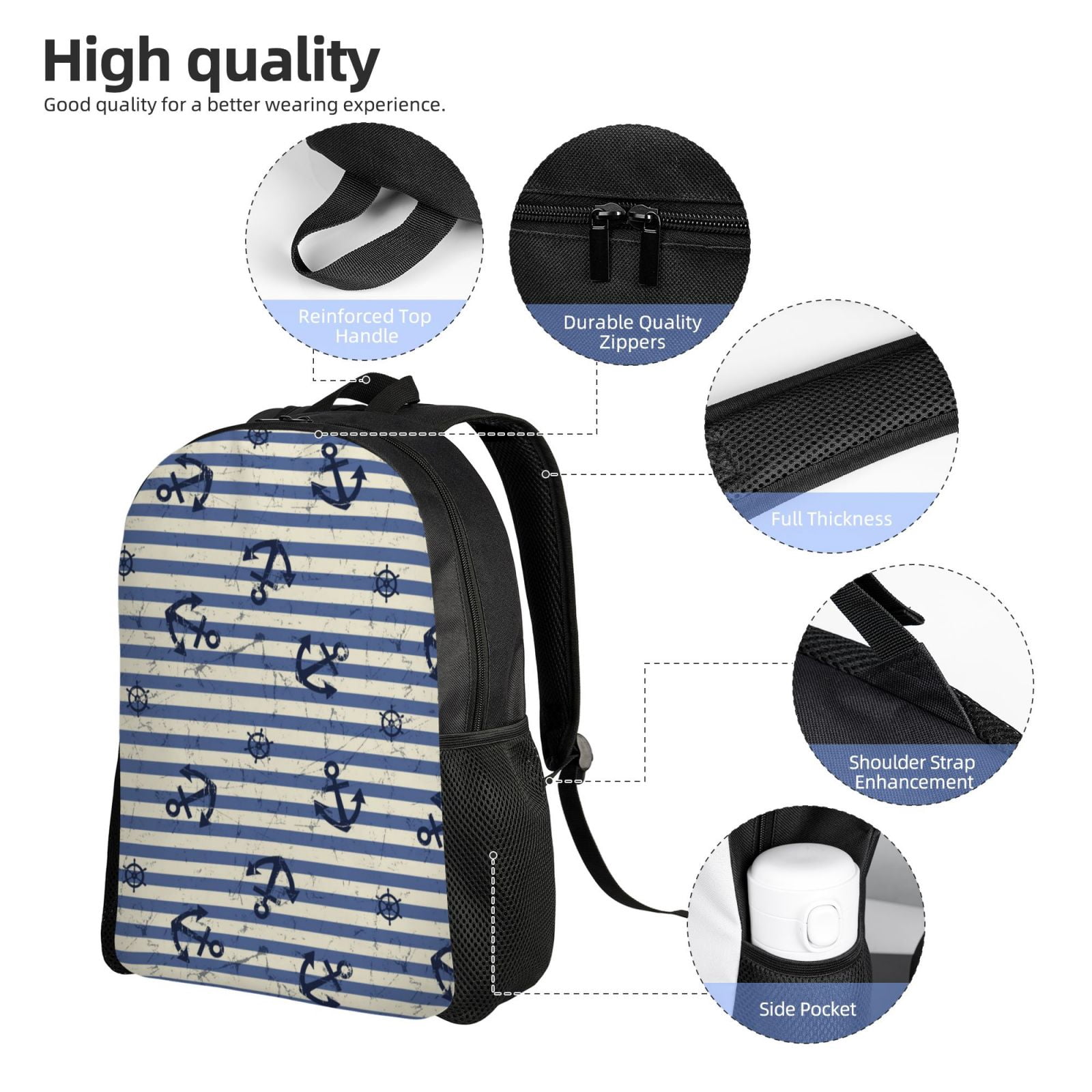 Xecao Anchors And Steering Wheel Print School Backpack with Laptop Compartment Small Travel Laptop Backpack for Women Men Waterproof College Backpack Simple School Bag