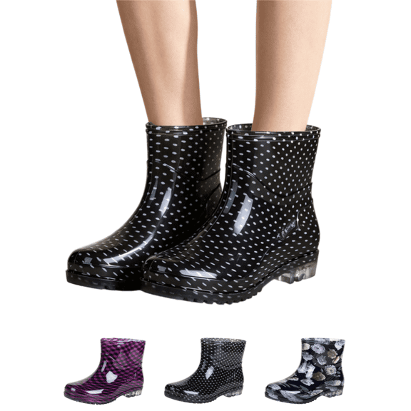 EKVAHL Women's Waterproof Rubber Rain Boots Non‑Slip Ankle Booties Polka Dot Printed Pull‑On Short Boots for Farming Boating Outdoor Rainy Day Black