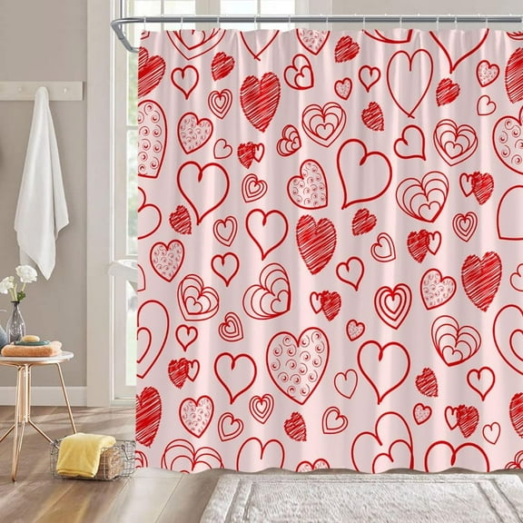 Valentine''s Day Shower Curtain Pink and Red Sweet Heart Romantic Love Lover Couple Modern Fashion Festival Fabric Bathroom Decor Curtain with Hooks