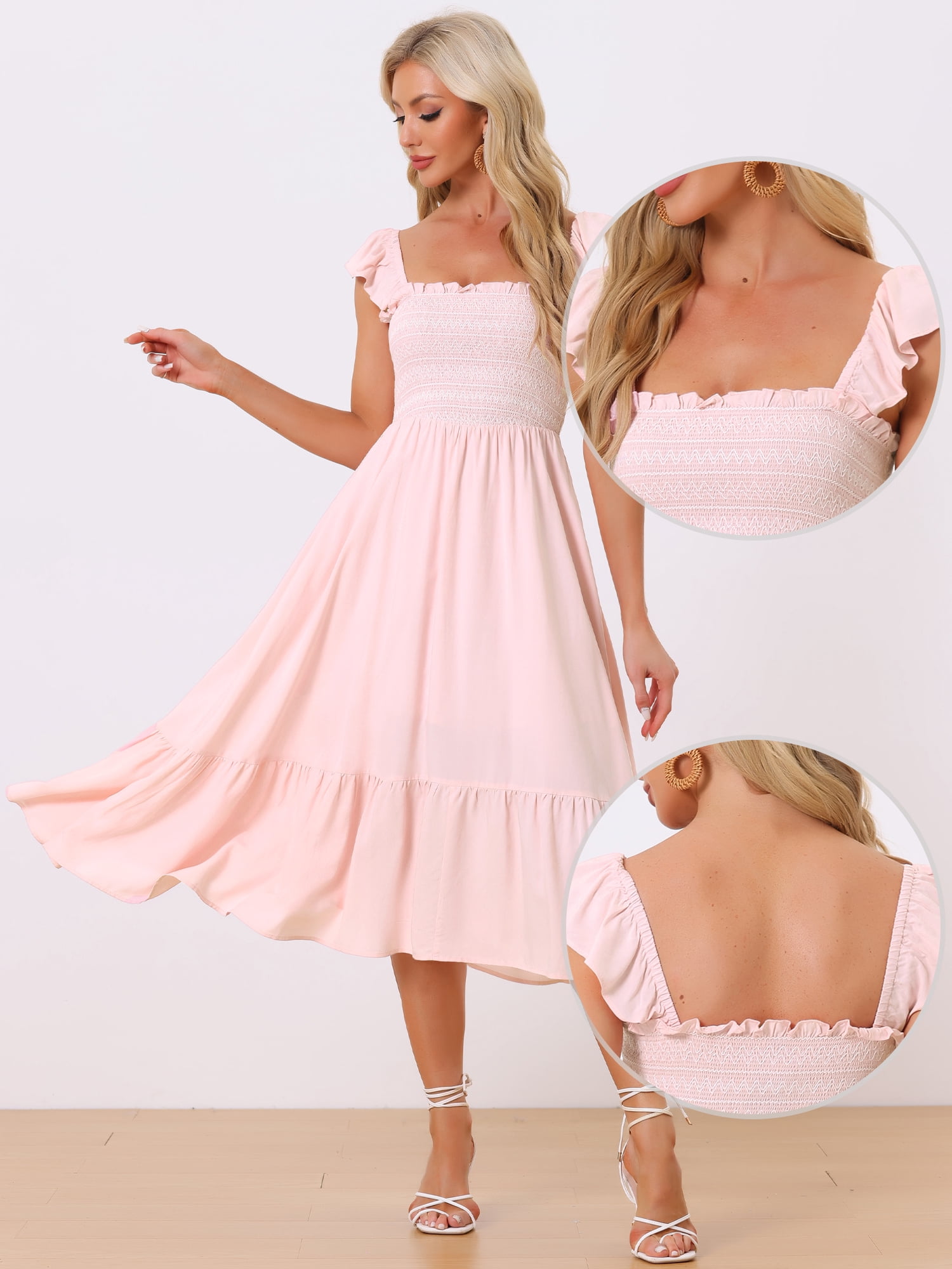 DARING DIVA Square Neck Boho Sleeveless Ruffle Tiered Smocked Sundress L Pink