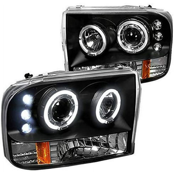 SMD LED Halo Projector Headlight In Matte Black Housing Clear Lens Made For And Compatible With 1999 - 2004 Ford F250 F350 F450 F550 Excursion 99 00 01 02 03 04