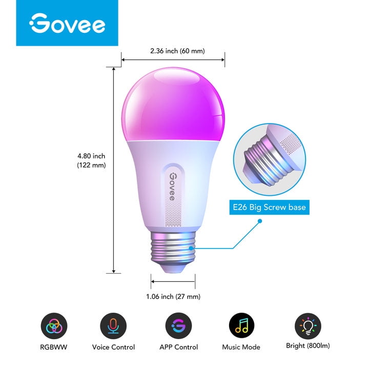Govee RGBWW Smart LED A19 Bulb, 800 Lumens, 4 Pack