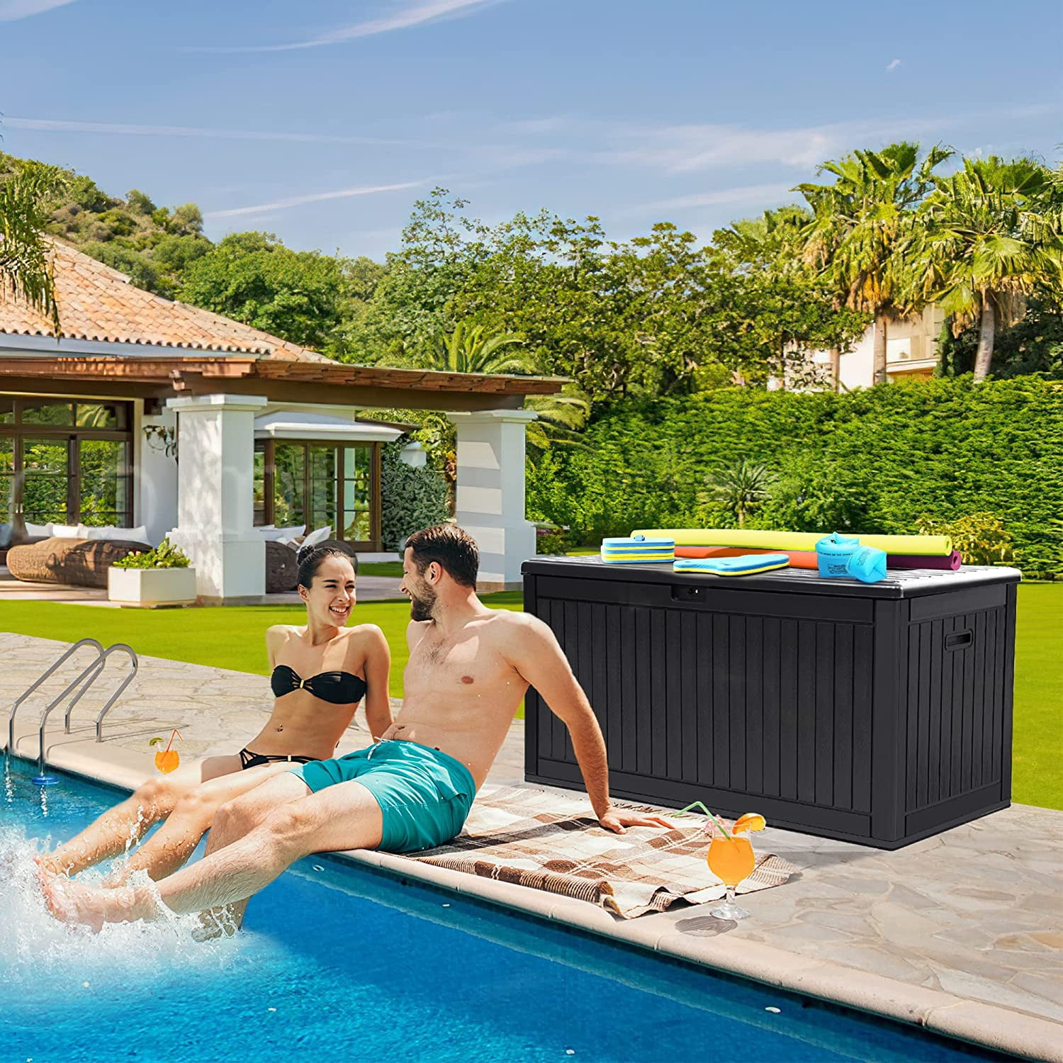 Dextrus Large Outdoor Deck Box - Spacious, Durable, and Convenient 260 Gallon Large Double-Wall Resin Outdoor Storage Boxes, Lockable & Waterproof,Black