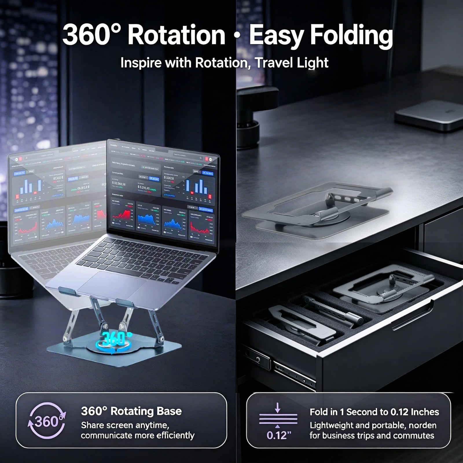 YMWVH Laptop Stand for Desk, Computer Stand with 360 Rotating Base, Ergonomic Laptop Riser for Collaborative Work, Foldable & Portable Laptop Stand Fits for All 10-16"