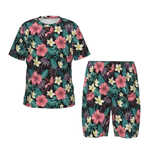 Balery Green Tropical Leaves Conjunto de Pijama Infantil de Manga Corta con Estampado – Ropa de Dormir de Algodón Suave-XX-Large