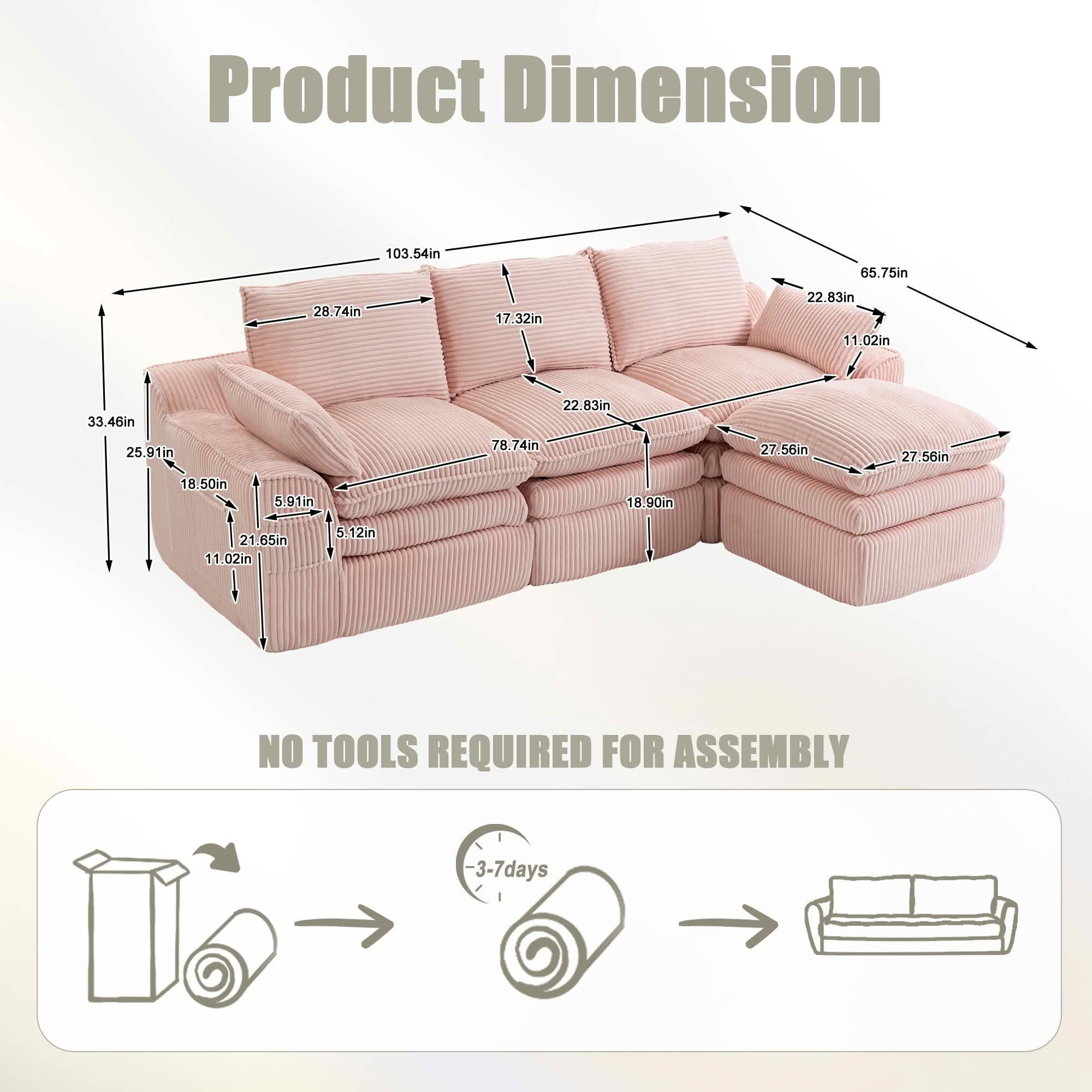 MAYEERTY Modular L Shape Corduroy Sectional Sofa, Compressed Boneless Cloud Couch with Footstool & Pillows for Small Living Space