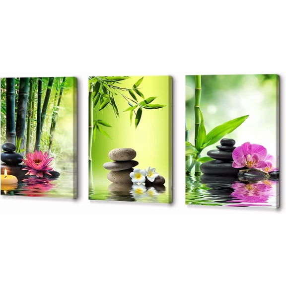 Bamboo Zen Canvas Wall Art Spa Artwork Flower Pictures Prints for Living Room Office Bedroom Bathroom Modern Decor 12" x 16" x 3 Pieces Green Themes