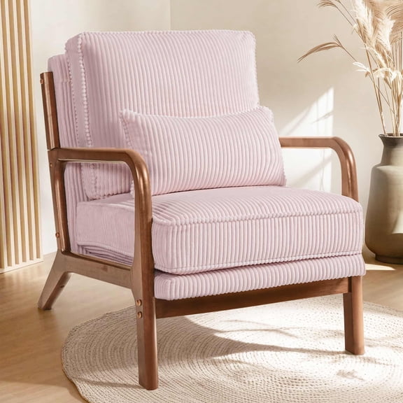 FLEXISPOT Modern Accent Chairs, Upholstered Mid Century Corduroy Armchairs with Solid Wood Frame, Comfy Lounge Reading Chairs Farmhouse Armchairs, Pink