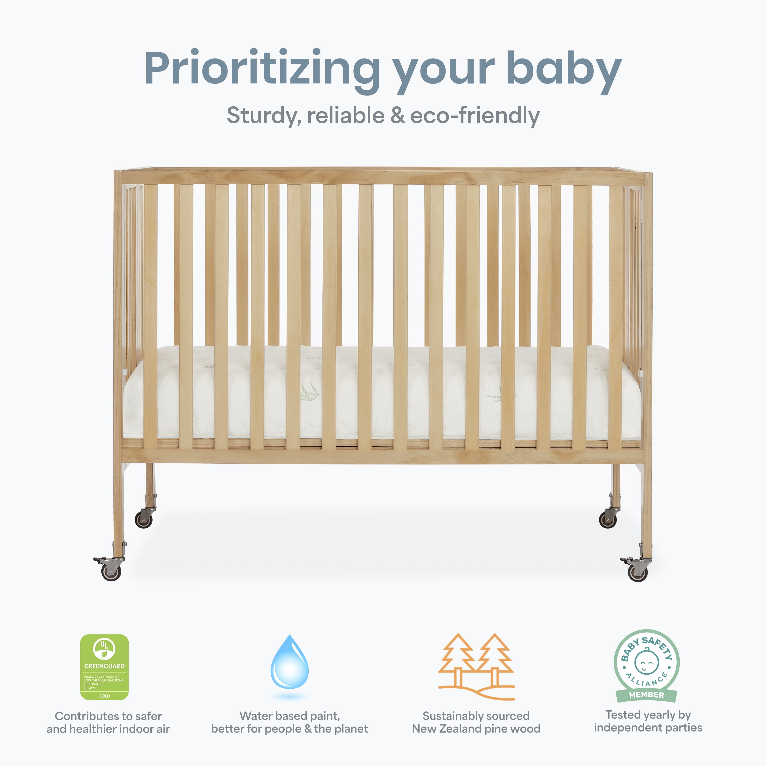Dream On Me Quinn Full-Size Folding Crib, Removable Wheels, Modern Nursey, Adjustable Mattress Support, Patent Folding System in Natural