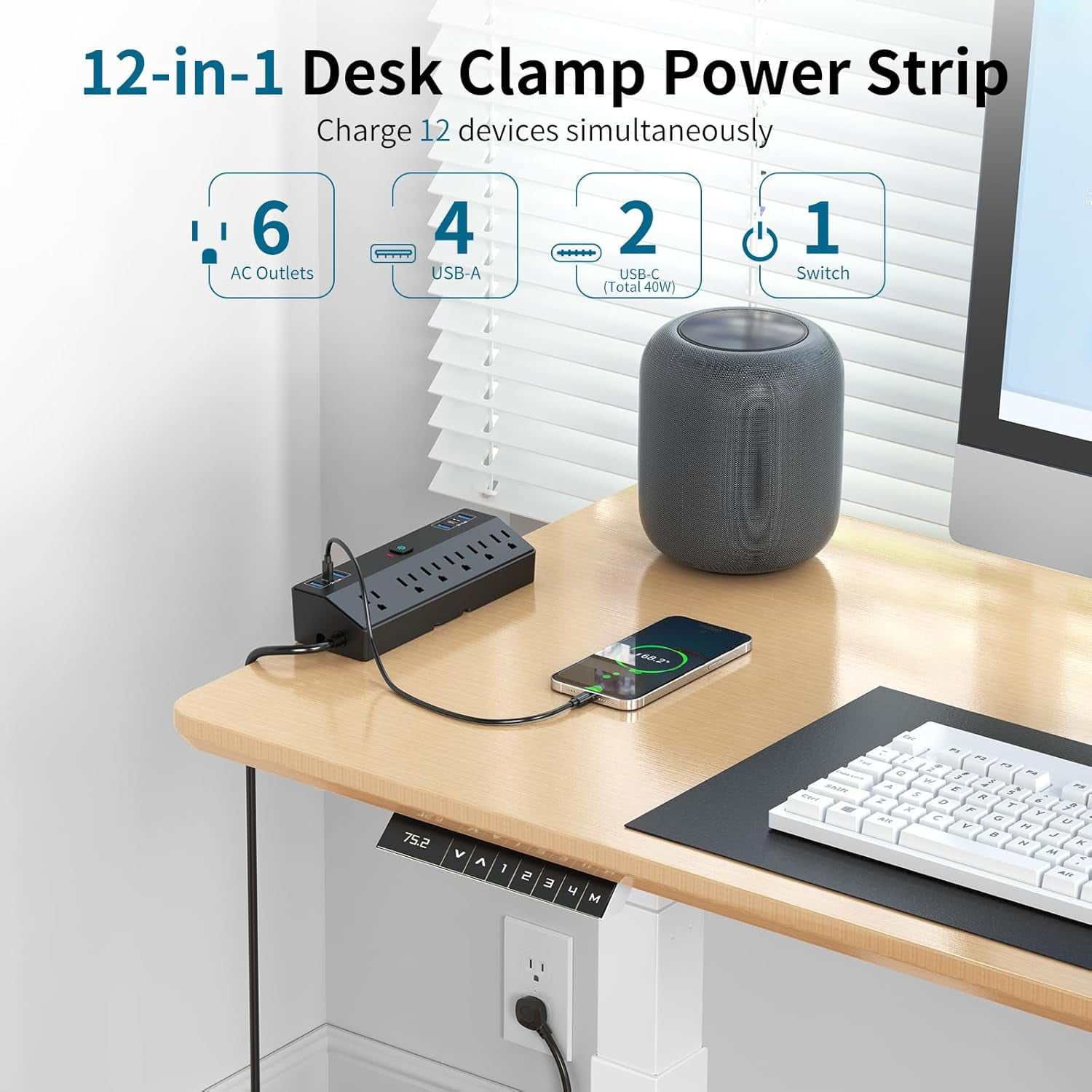 Desk Clamp with 40W Fast Charging Station, 10FT Flat Plug Desk Mount Surge Protector, Removable Extension Cord with 2 USB-C Ports 6 Outlets, Fits 1.8" Tabletop Edge