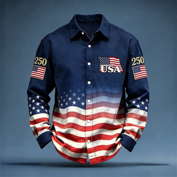 Shirts for Men 250th Anniversary USA Tops Spring Long Sleeve Casual Button Down Lapel Breathable Loose Mens Dress Shirts Navy L