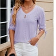 thumbnail image 2 of JSKUAMR Drawstring 3/4 Sleeve Tops for Women V Neck Lace Up Mesh Hole Tunic Shirt Buttons Trim Slim Fit Casual Solid Blouses Purple,XL, 2 of 6
