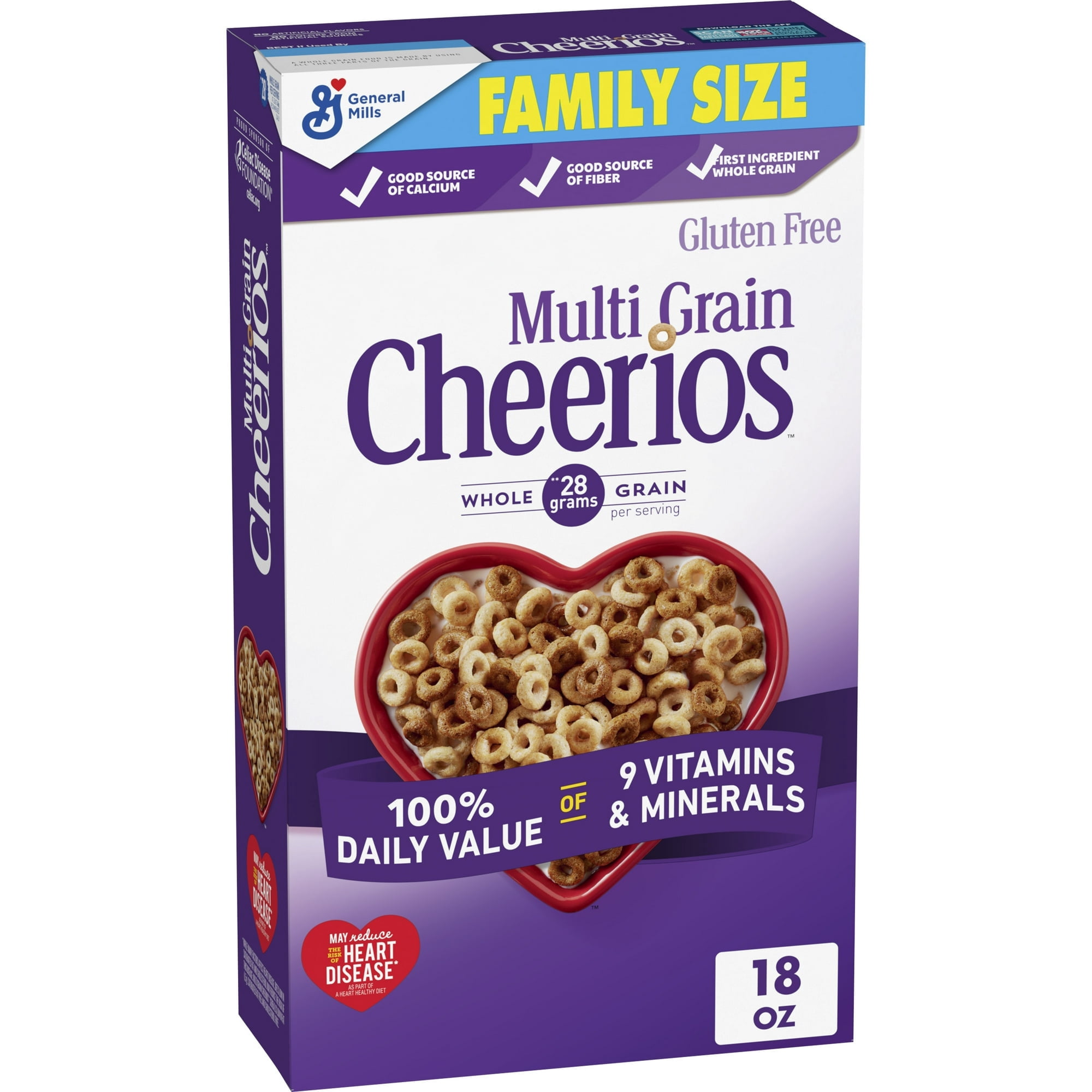 Multi Grain Cheerios Heart Healthy Cereal, 18 OZ Family Size Cereal Box pack of 4