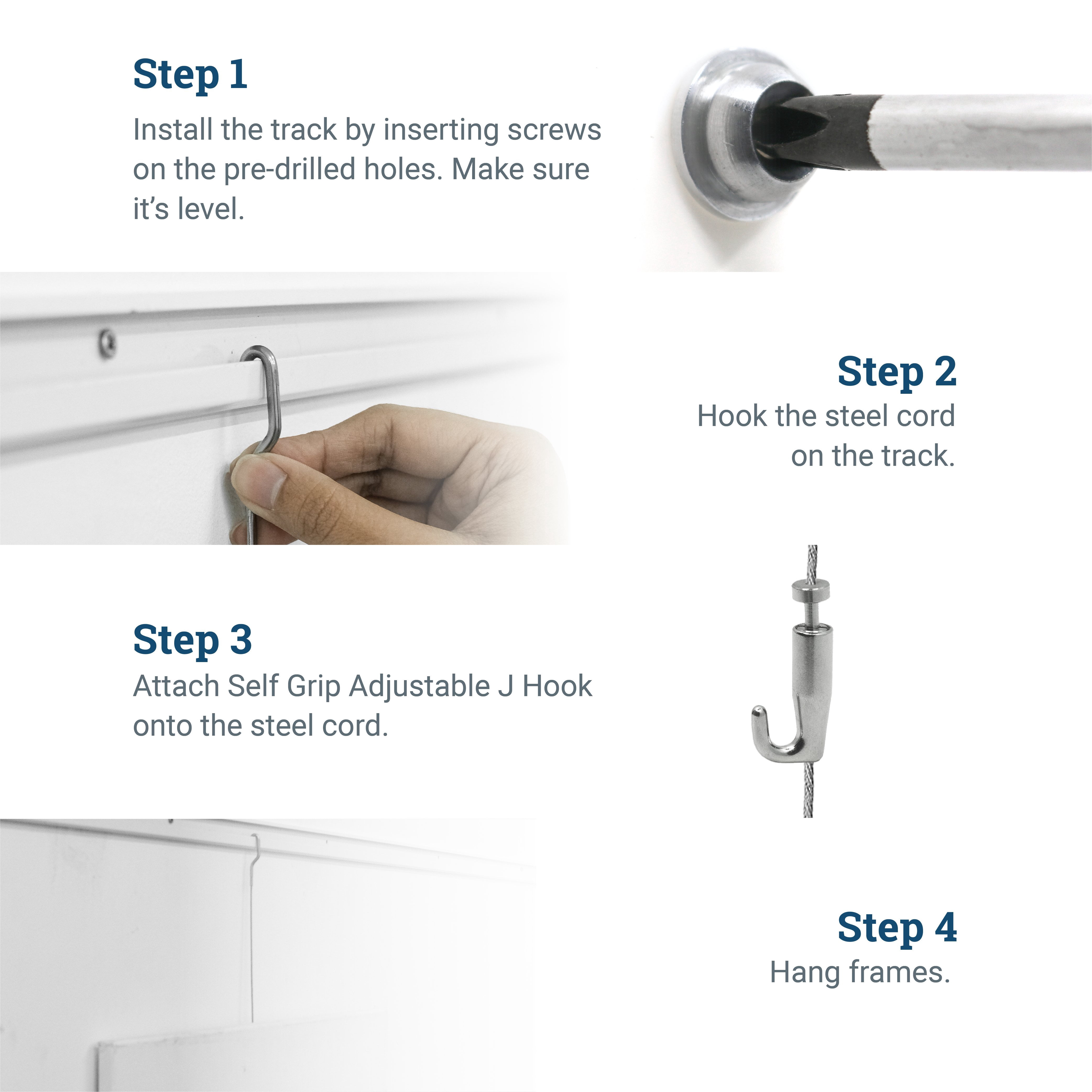 Picture Hang Solutions - Track 101 Picture Rail Kit - Includes 79-inch Wall Track, Steel Cords, Adjustable Hooks, and Hardware - Gallery Hanging Systems 1 set per pack