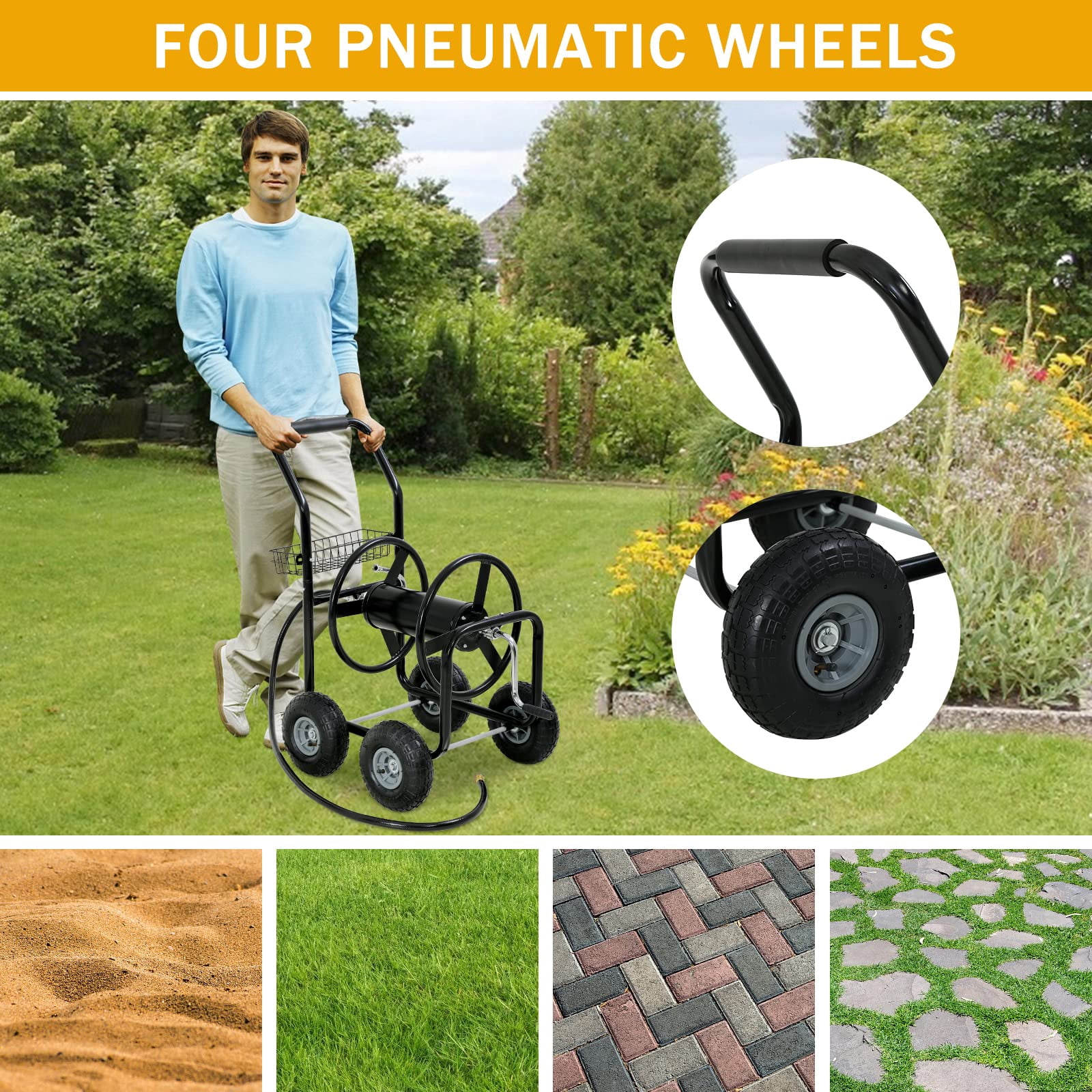 Garden Hose Reel Cart,  Hose Reel Cart with  4 Wheels, Heavy Duty Outdoor Water Planting Truck with Storage Basket (Black)