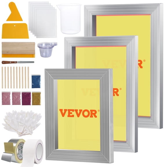 VEVOR Screen Printing Kit, 3 PCS Aluminum Silk Screen Printing Frames, 5 Glitters and Screen Printing Squeegees and Transparency Films, 6x10/8x12/10x14inch 110 Count Mesh, for DIY T-shirts Printing