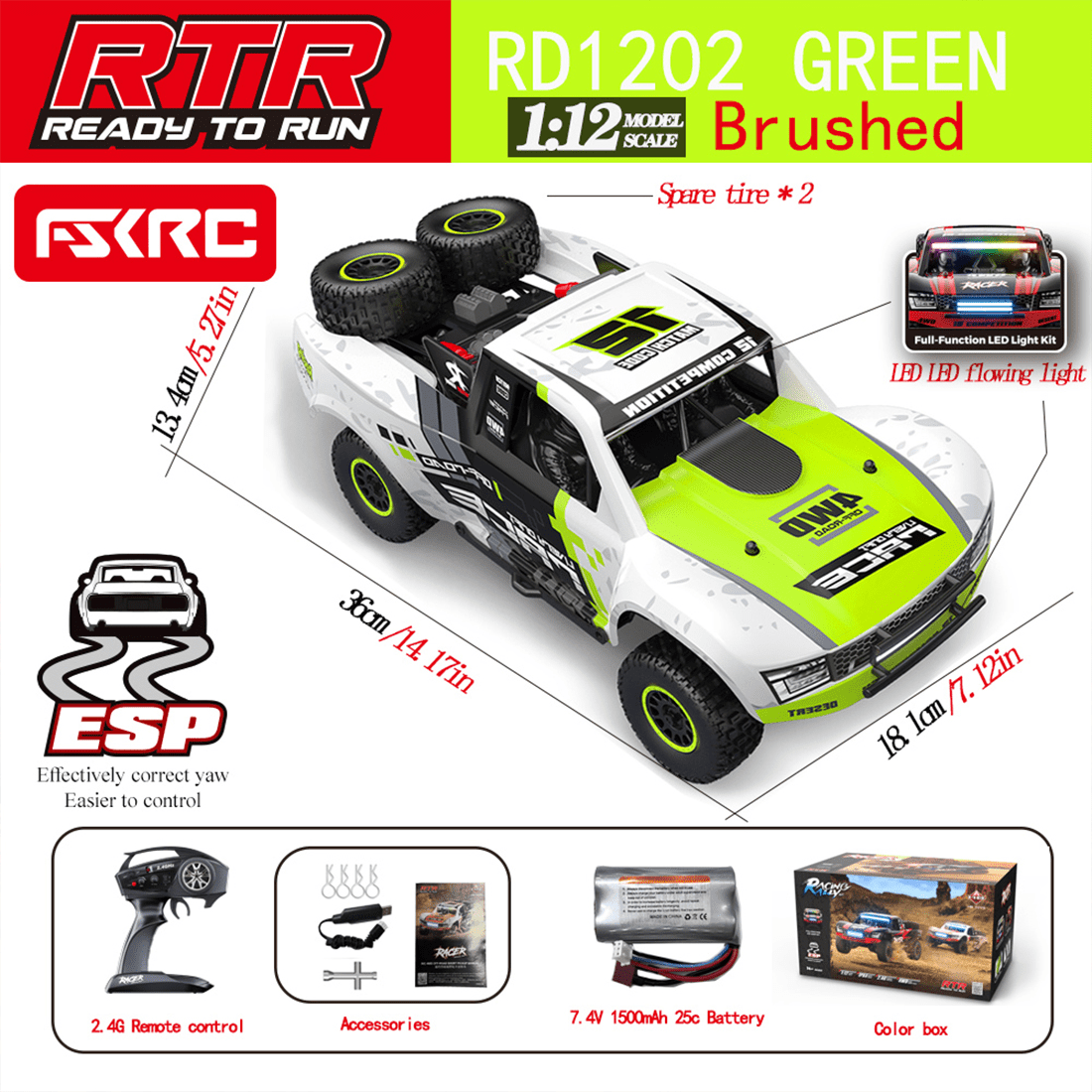 RD12 1/12 Scale RC Drift Car for Adults, 2.4G 4WD Full-Proportional Brushed Drift Racing Car with Gyroscope and 7-Color LED Lights for Hobbyist - RTR