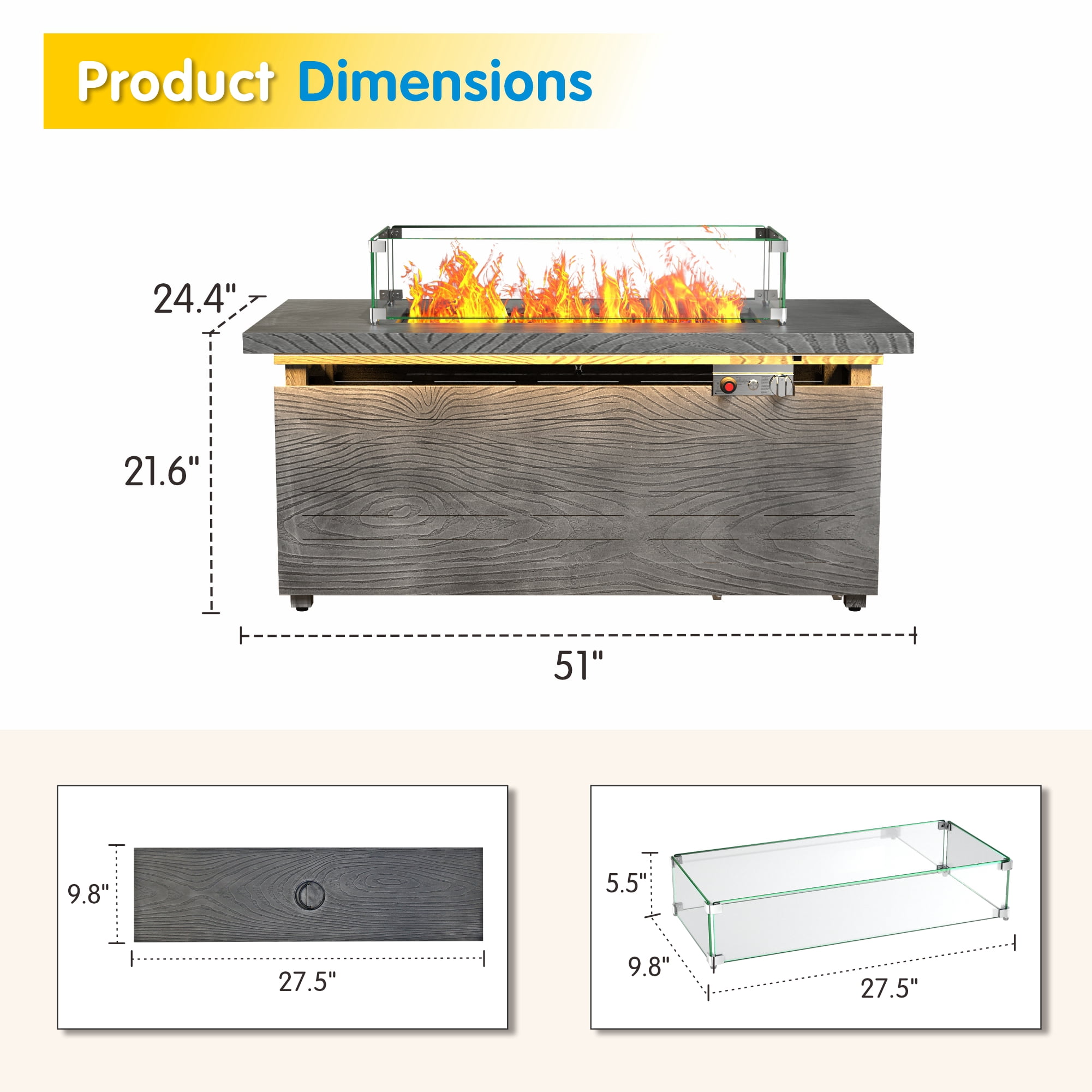 51 in. Propane Rectangular Fire Pit Table with LED Light, 50,000 BTU Coating Steel Tabletop Fire Pit (Gray Wood Grain)