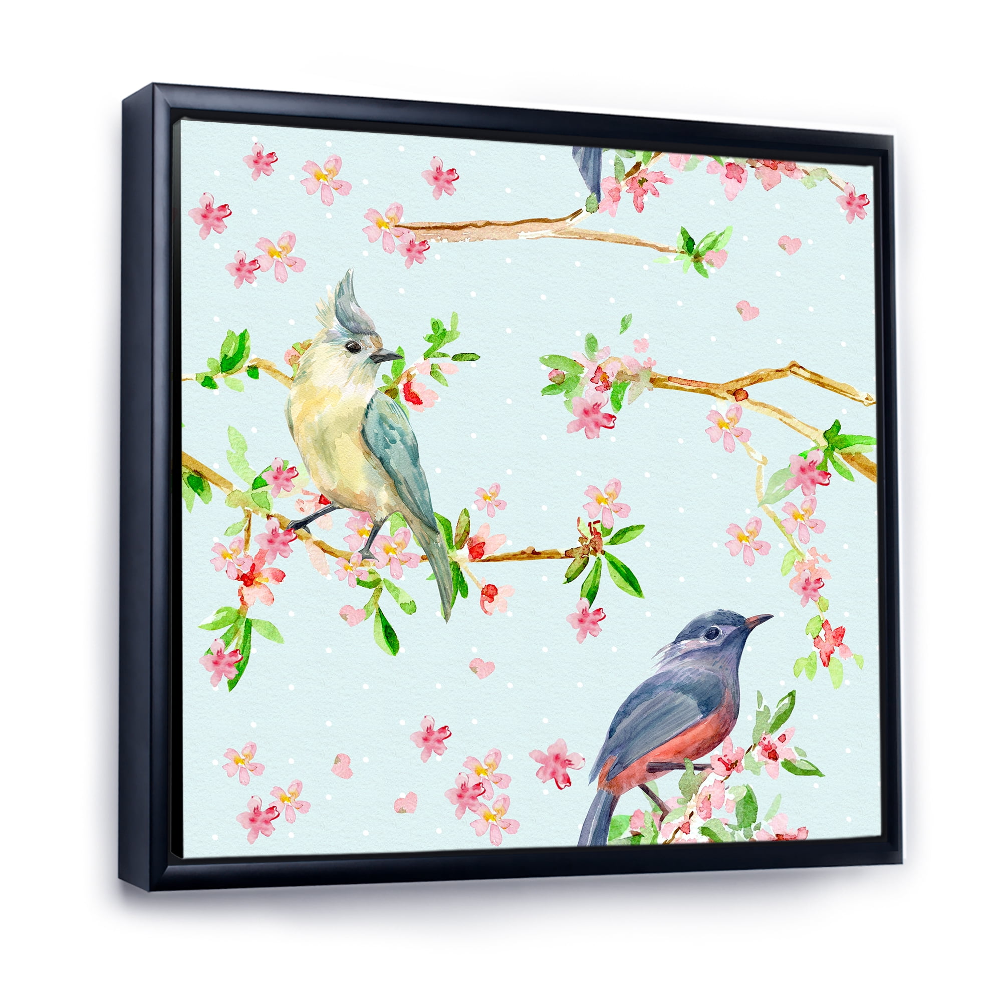 Designart 'Birds and Flowers Pattern In Blue' Traditional Framed Canvas Wall Art Print
