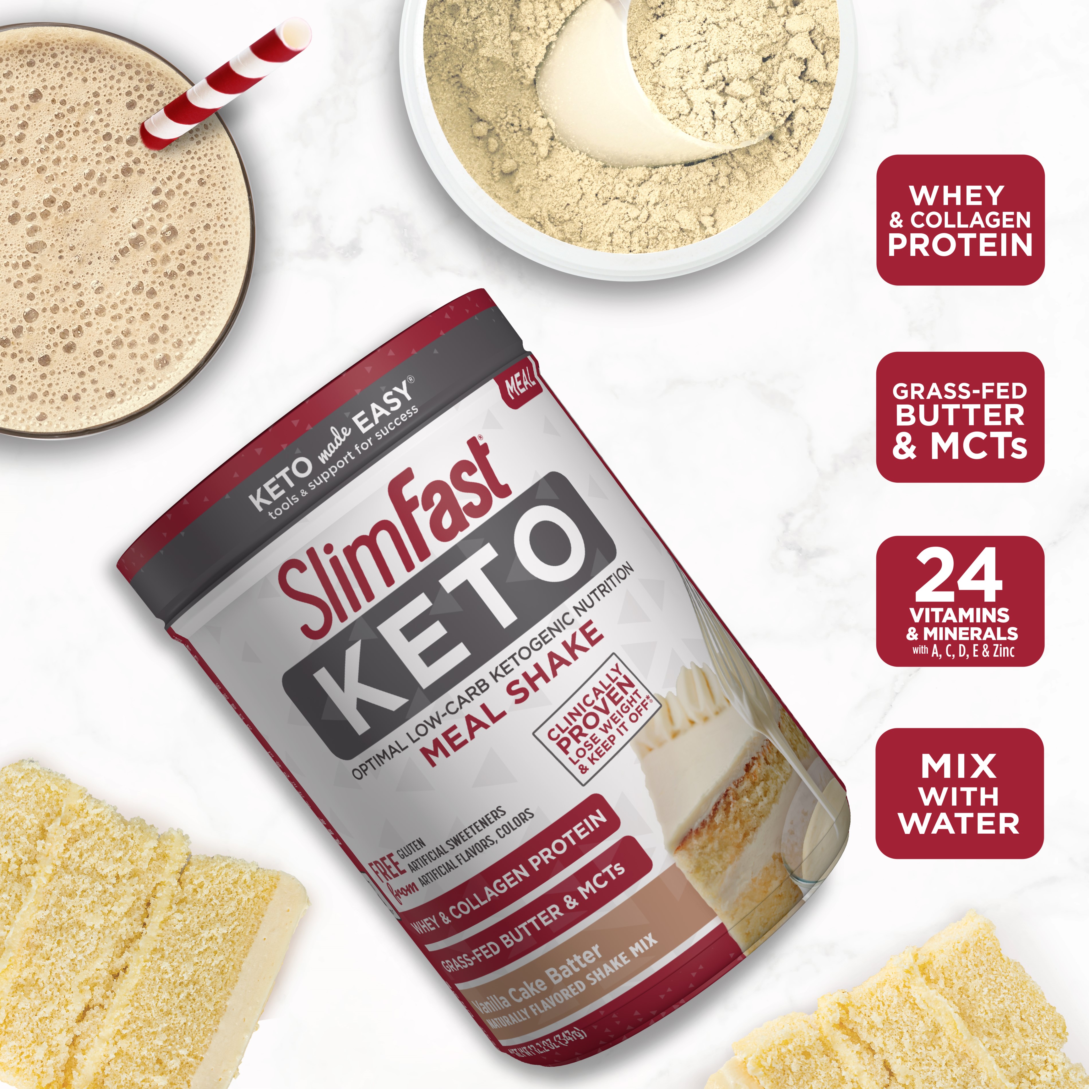 SlimFast Keto Meal Replacement Shake Powder, Vanilla Cake Batter, 12.2 Oz. Canister (10 servings) - image 3 of 8