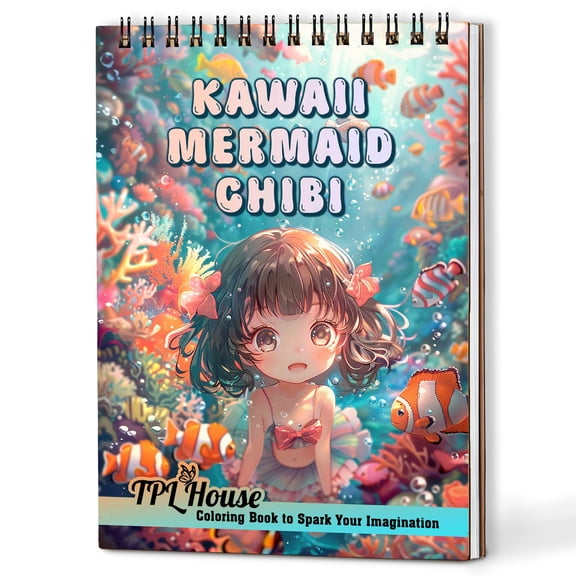 TPLHOUSE Kawaii Chibi Mermaid Coloring Book Spiral Bound for Adults, A5 Wooden Cover, 30 Cute Anime Coloring Pages in Baby Mermaids Fantasy for Stress Relief and Relaxation