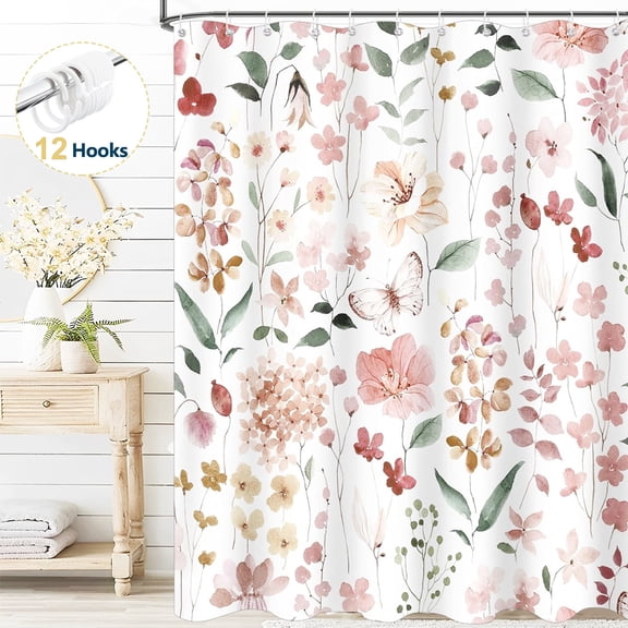 Dznils Floral Shower Curtain with Hooks, Modern Watercolor Fabric Bathroom Curtain, Pink, 72" x 72"