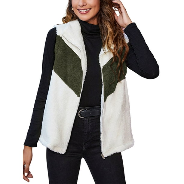 Women Plush Fleece Vest Casual Colorblock Sleeveless Jacket with Pockets