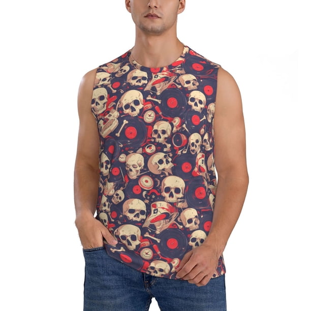 Fotbe Skull rock music record Men's Camiseta sin Mangas Estampada para Hombres, Playera Casual para Gimnasio, Entrenamiento, Playa-Large