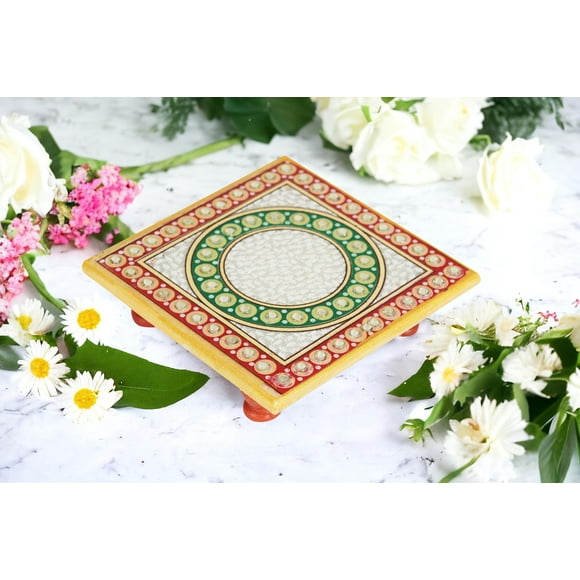 Handicraft (4 X 4) Inch Square Kundan Stone Work Chowki For Pooja Room Mandir For Chowki