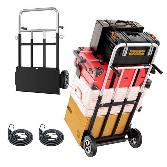 Folding Hand Truck, 600 lb Capacity Heavy-Duty Convertible Dolly Cart with Telescopic Handle, Rubber Wheels & Bungee Cords for Warehouse, Home & Office