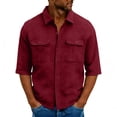 thumbnail image 2 of GUZOM Mens Red Thermal Shirt Waffle Knit Long Sleeve Casual Button Down Relaxed Fit with Roll-Up Sleeves & Chest Pockets,Size L, 2 of 5