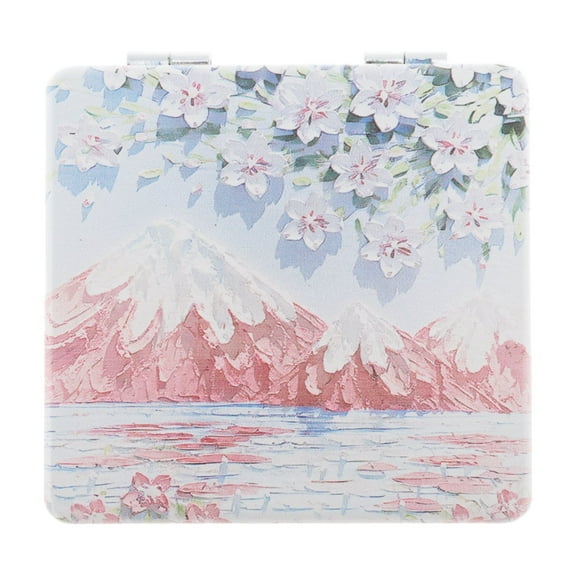 Unique Bargains 1 Pc Women Hand-painted Oil Painting Makeup Mirror for Travel Vacation Blue Pink Metal PU Glass