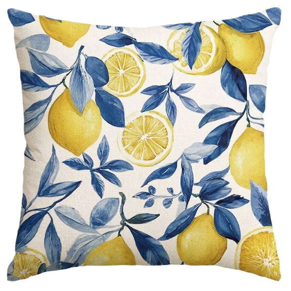 Lemon & Floral Decorative Throw Pillow, 18" x 18" Linen Texture Accent Cushion for Sofa & Bed
