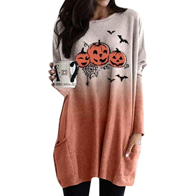 Julyccc Robe Mini Ample Citrouille d'Halloween pour Femmes à Manches Longues, Chandail Jumper, Hauts
