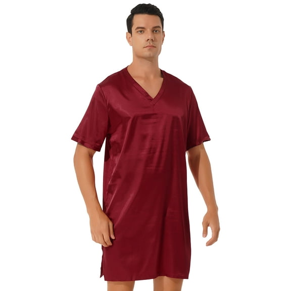 CHICTRY Mens Satin Soft Nightgown Sleepwear Short Sleeve Lounging Wear Burgundy L