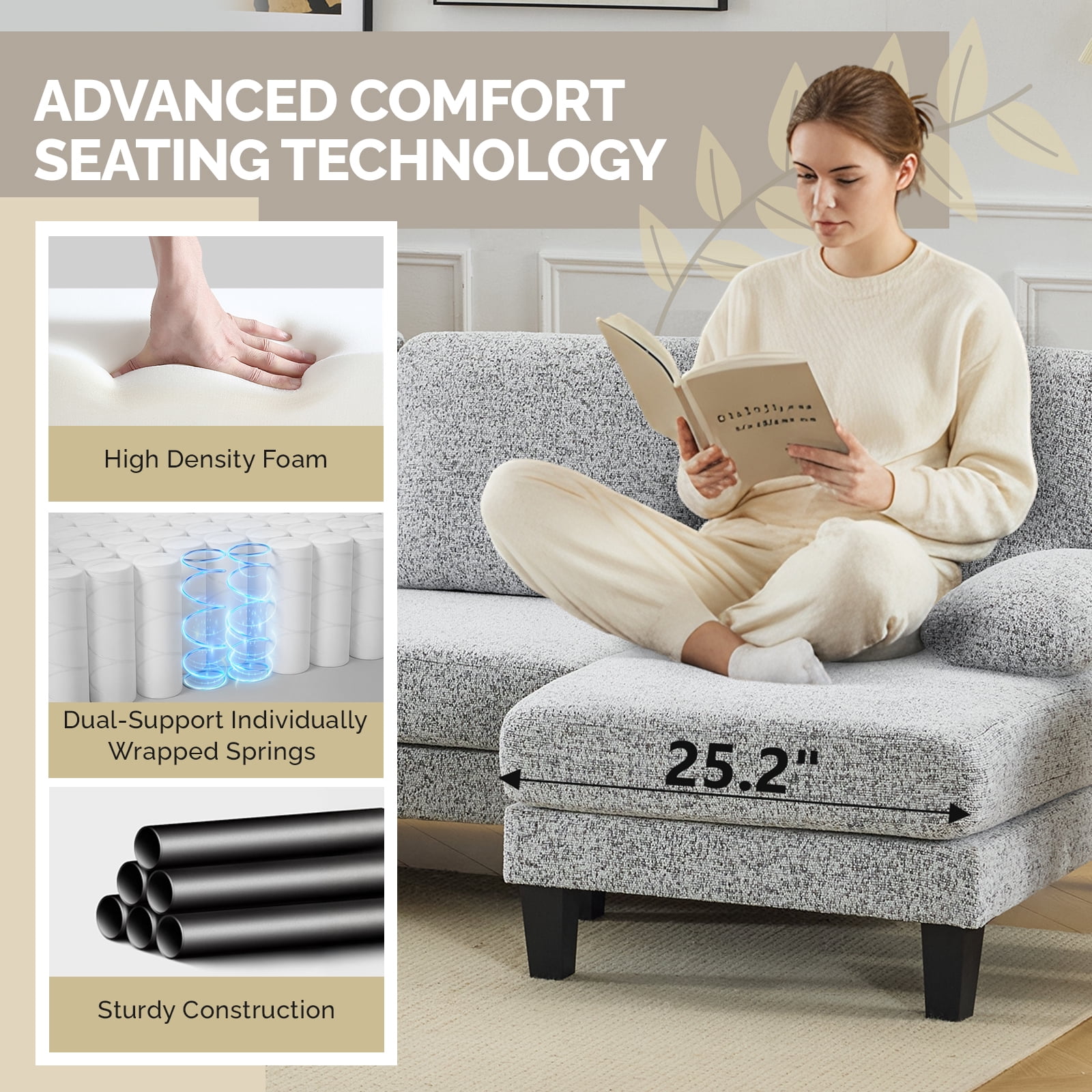 Ktaxon U-Shaped Sectional Sofa Set with Chaise, 4-Seater Blended Chenille Couch for Living Room, Apartment, Easy Assembly Gray