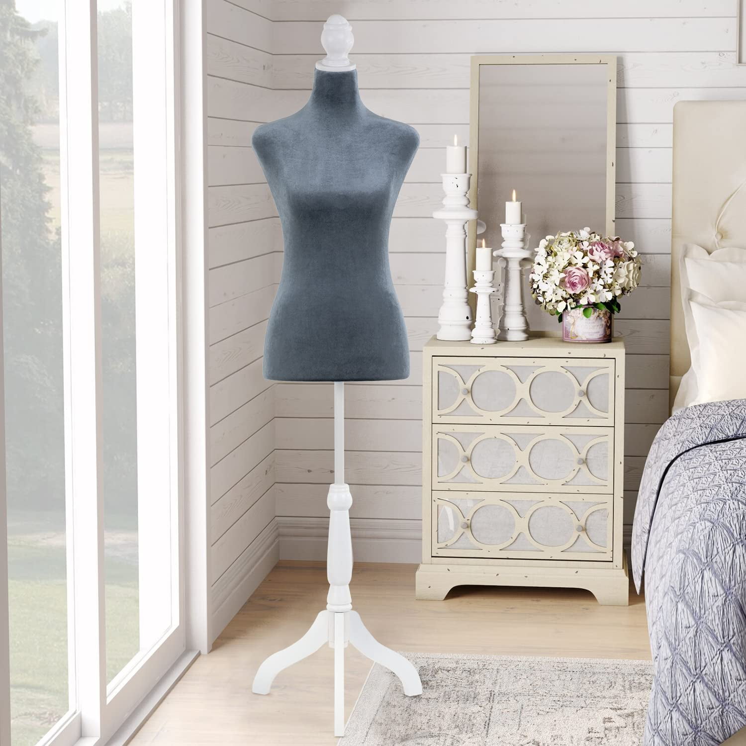 Mannequin Body Female, Dress Form Mannequin Torso Manikin with 49.6-63.5 inch Height Adjustable Wooden Tripod Stand, High Density Foam Portable Display Mannequin for Sewing Dress Display, Grey