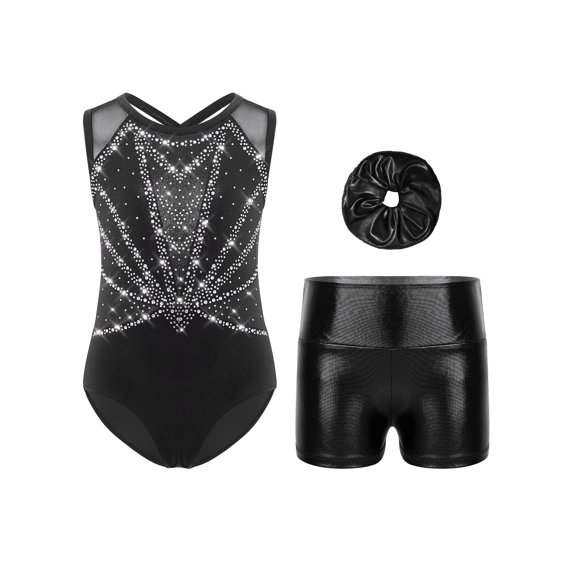 Mufeng Girls Dance Costume 3-piece Sets Rhinestone Leotard with Crisscross Back Metallic Shorts Headband for Gymnastics Black Silver 6