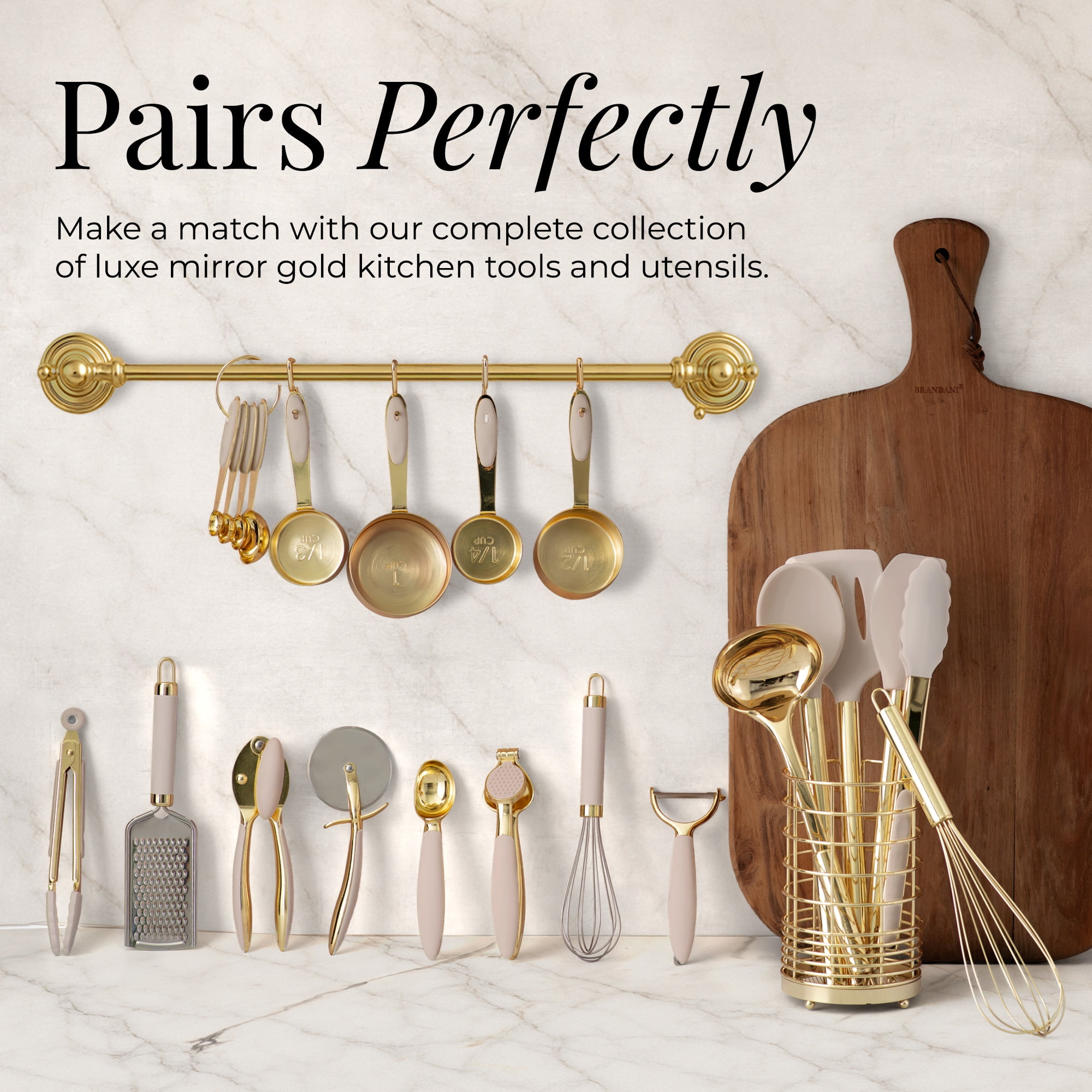 8-Piece Gold and Beige Kitchen Utensils Set – Stainless Steel Cooking Gadgets with Whisk, Tongs, Pizza Cutter, Garlic Press, Peeler, Scoop, Grater, and Can Opener