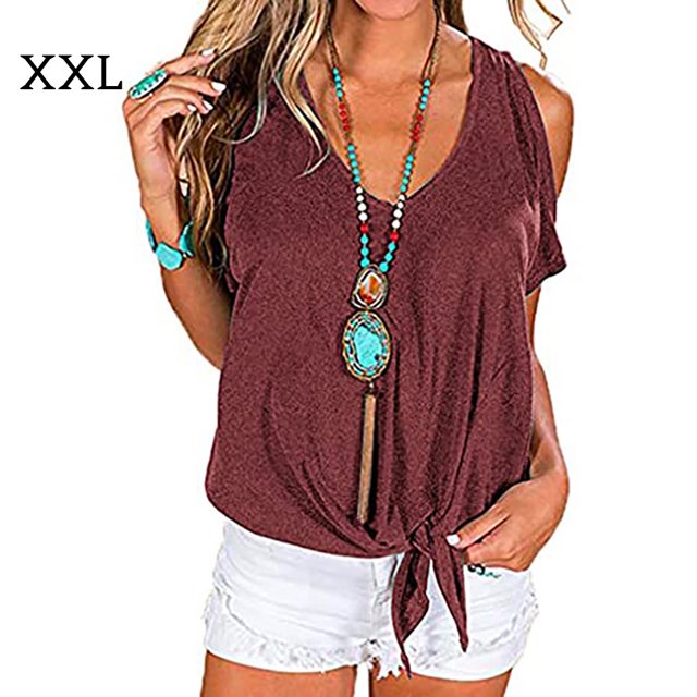 Minnieouse Camiseta de mujer con cuello en V y hombros descubiertos, blusa informal de manga corta, negro, 3XL Prendas para la parte del cuerpo Vino rojo XXL Minnieouse AP002687-23