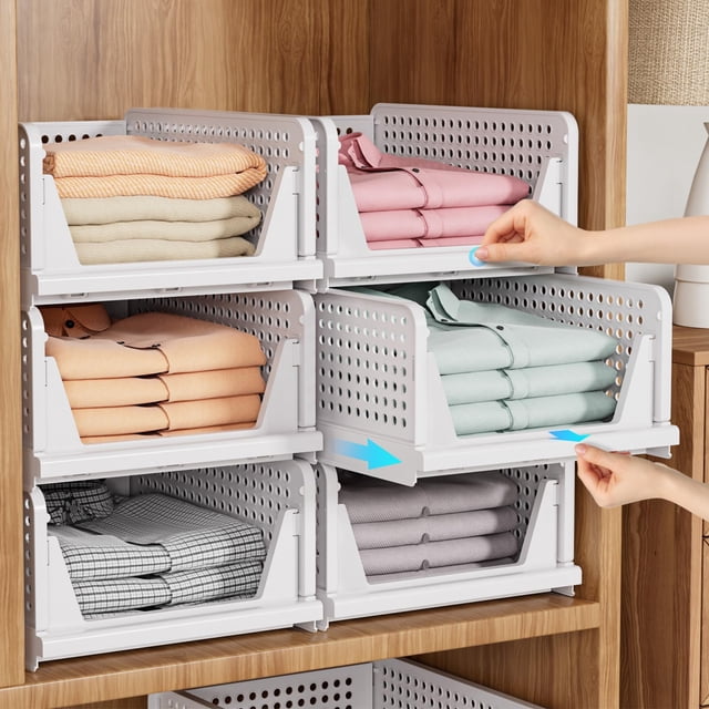 SNSLXH Paquete de 5 cajas organizadoras de armario apilables, cesta de almacenamiento multifuncional y plegable para baño, cocina, lavandería, armario, organizador de cajones de almacenamiento de ropa