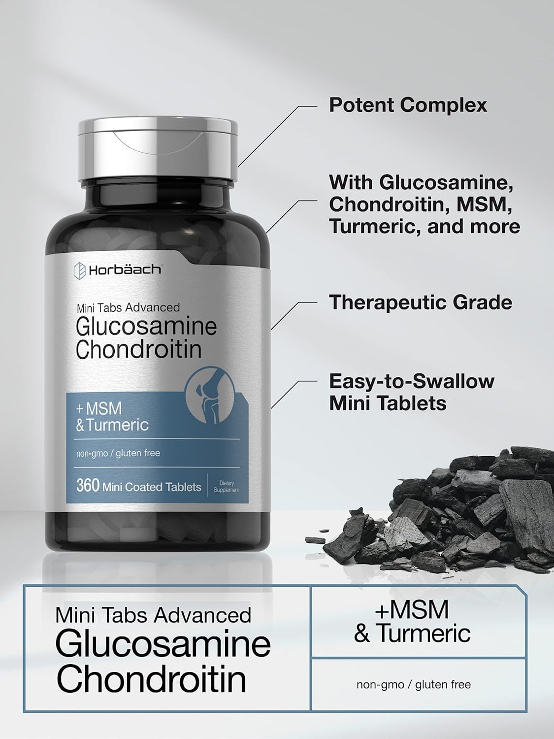 Glucosamine Chondroitin MSM Plus Turmeric | 360 Mini Coated Tablets | by Horbaach
