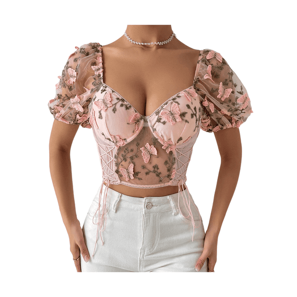 Fortune 3D Butterfly Embroidery Crop Top for Women Summer Mesh Short Sleeve V-Neck T-Shirts