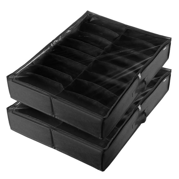 Under Bed Shoe Storage Organizer 2 Pack, 32 Compartment Shoe Organizer with Clear Window, Foldable Shoe Rack for Closet, Breathable Non-Woven Fabric, Black